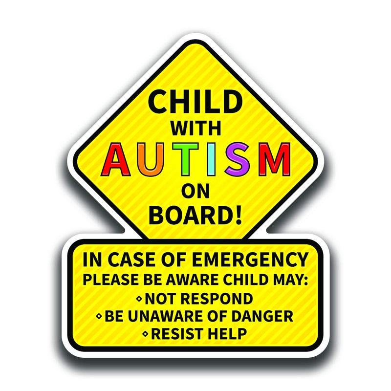 DHDM Designs 2-Pack Child with Autism On Board Sticker Decal | Laminated Bright Visible Stickers | 5.5-Inches by 4.5-Inches | Emergency Alert for Autistic Child Stickers | PD3178